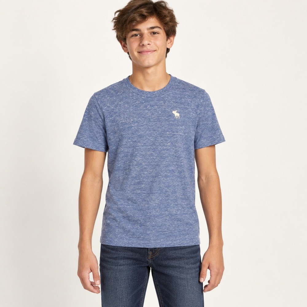 Abercrombie Kids Boys Blue Heathered Short Sleeve Moose Logo Tee Size 15/16